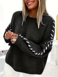 Contrast Whipstitch Crewneck Pullover Sweater - Black
