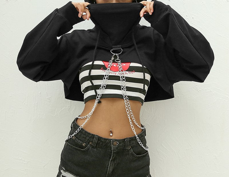 Chain Trim Super Cropped Bolero Hoodie - Black - 1