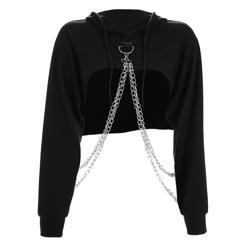 Chain Trim Super Cropped Bolero Hoodie - Black - 2