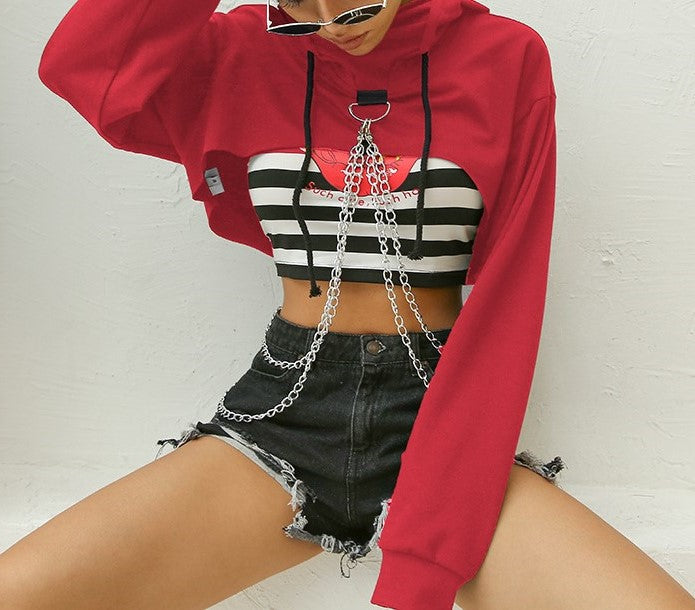 Chain Trim Super Cropped Bolero Hoodie - Red