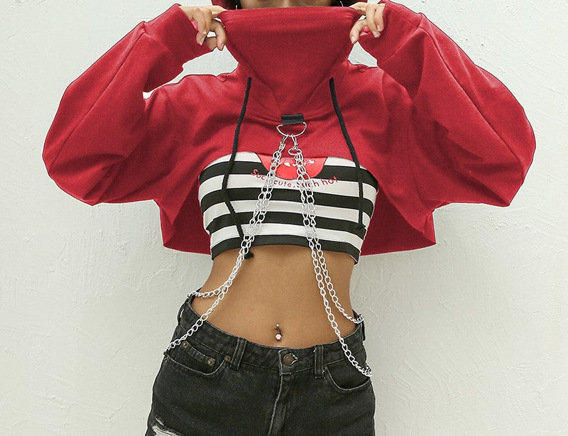 Chain Trim Super Cropped Bolero Hoodie - Red - 1