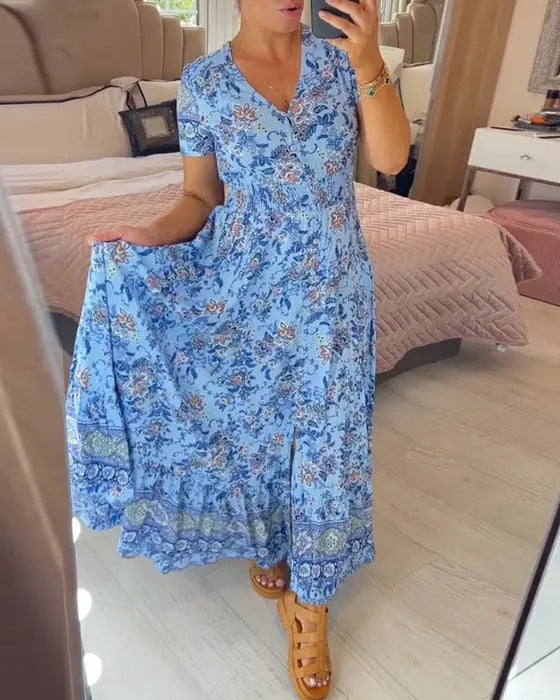 Short Sleeve Border Print Split Maxi Dress - Blue