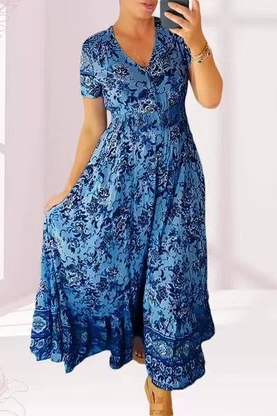 Short Sleeve Border Print Split Maxi Dress - DKBlue