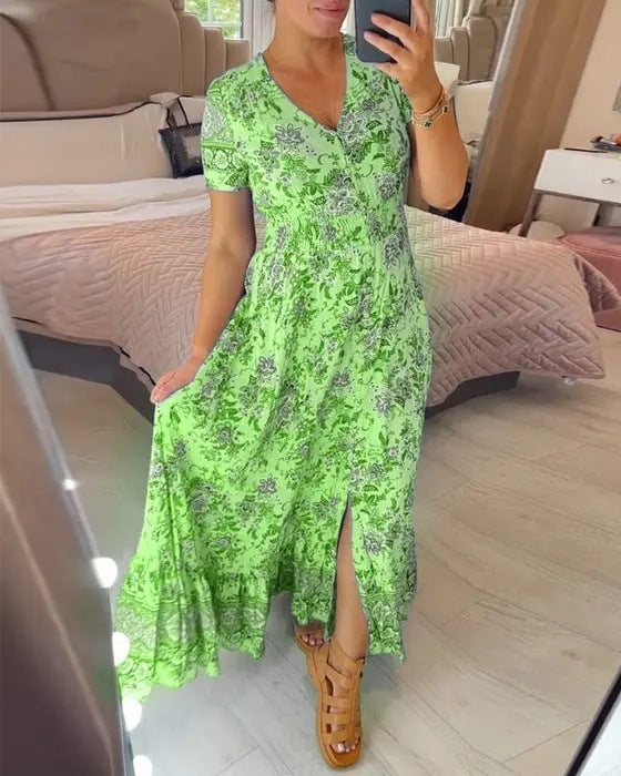 Short Sleeve Border Print Split Maxi Dress - Green