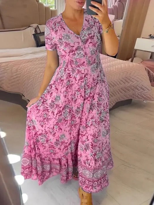 Short Sleeve Border Print Split Maxi Dress - Pink