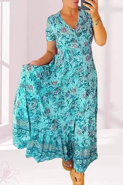 Short Sleeve Border Print Split Maxi Dress - Turquoise