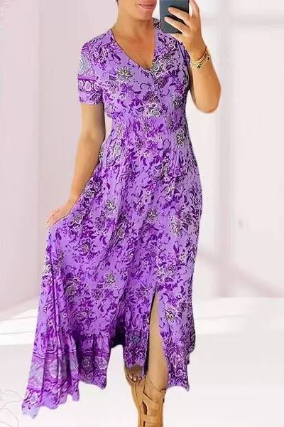 Short Sleeve Border Print Split Maxi Dress - violet