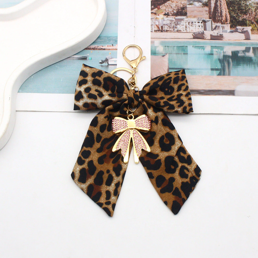 Oversized Leopard Bow Keychain with Sparkling Bow Drop - Pink
