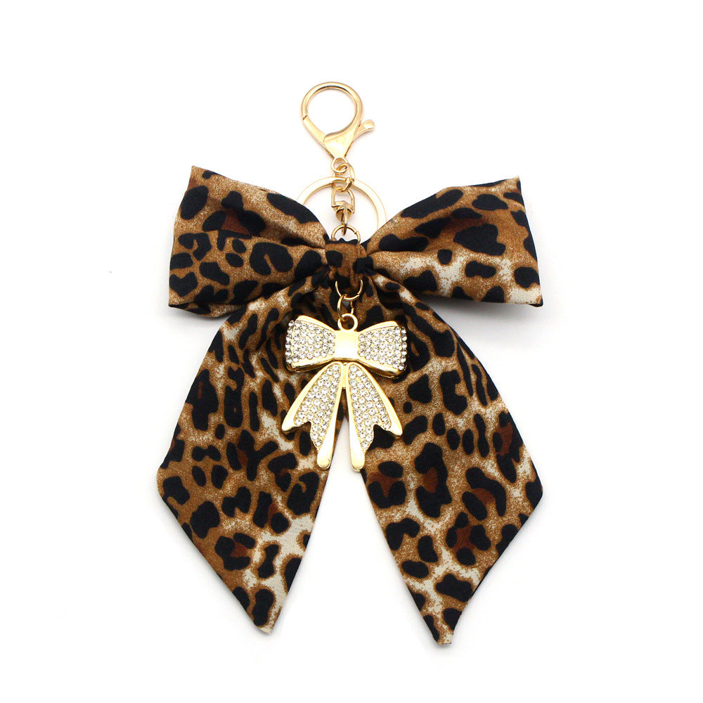 Oversized Leopard Bow Keychain with Sparkling Bow Drop