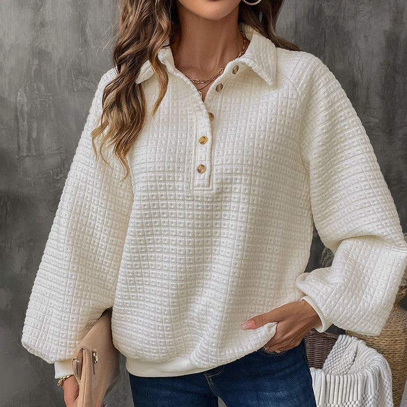Waffle Textured Collared Half Button Sweatshirt - White