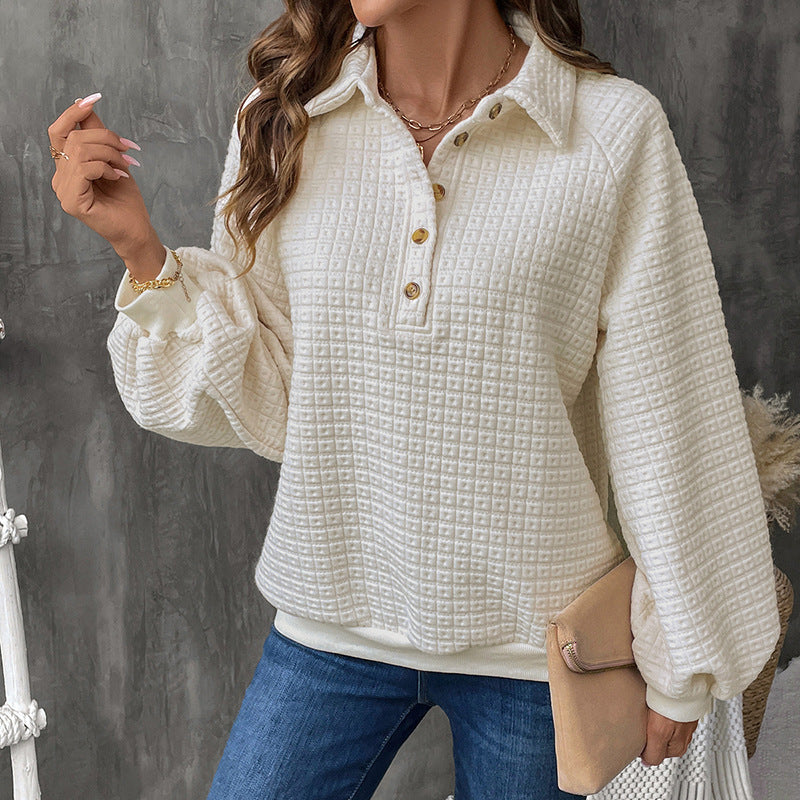 Waffle Textured Collared Half Button Sweatshirt - White - 2