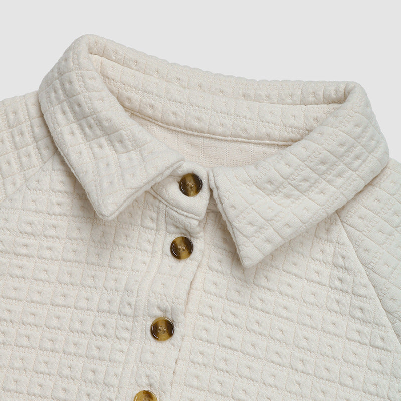 Waffle Textured Collared Half Button Sweatshirt - White - 5