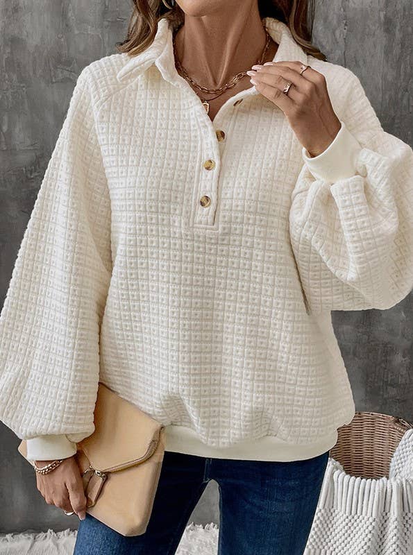 Waffle Textured Collared Half Button Sweatshirt