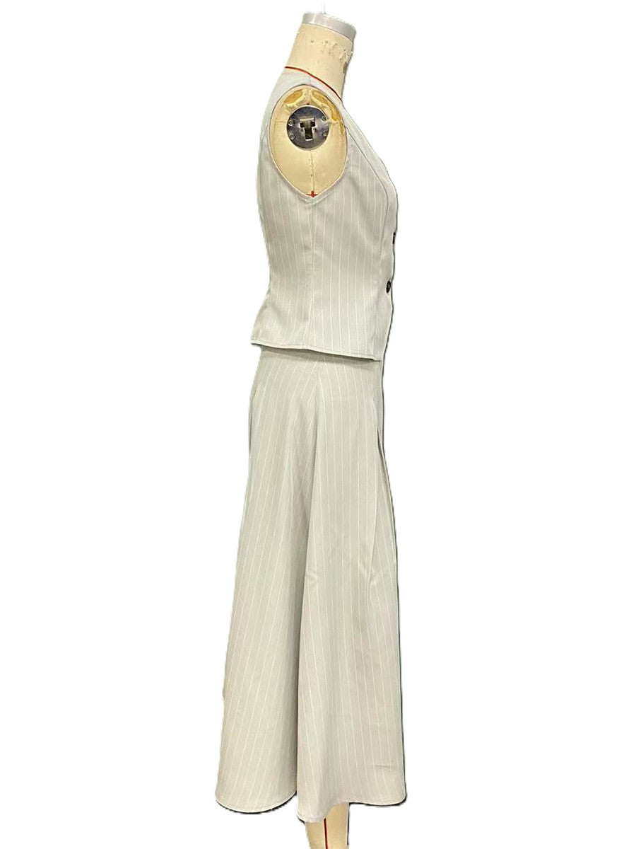 Pinstripe Button Vest And Maxi Skirt Set - Stripe - 1