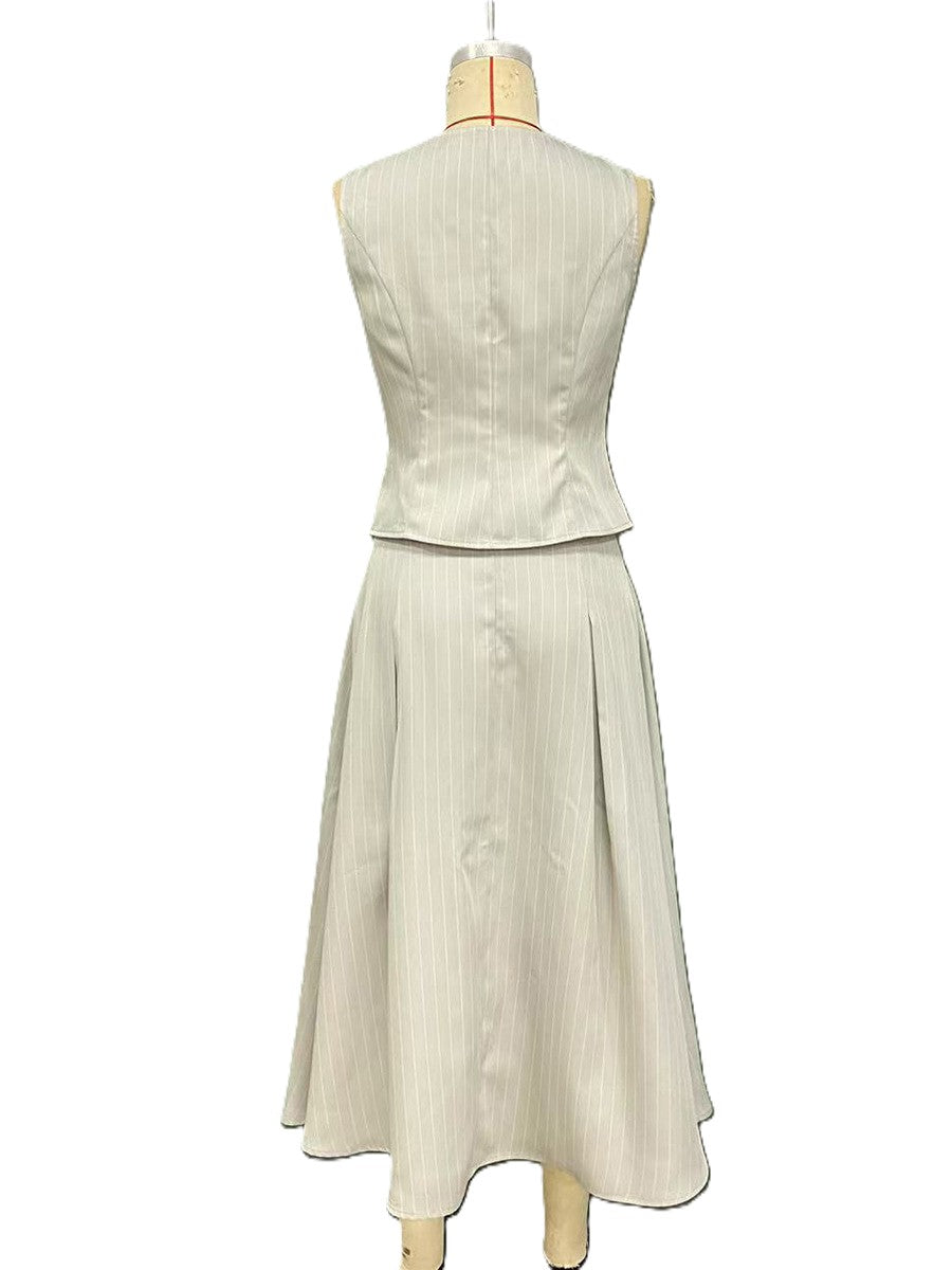 Pinstripe Button Vest And Maxi Skirt Set - Stripe - 2