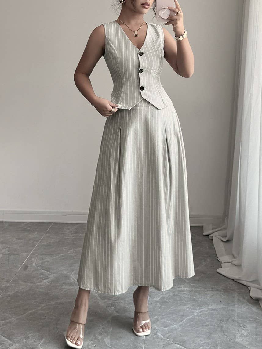 Pinstripe Button Vest And Maxi Skirt Set