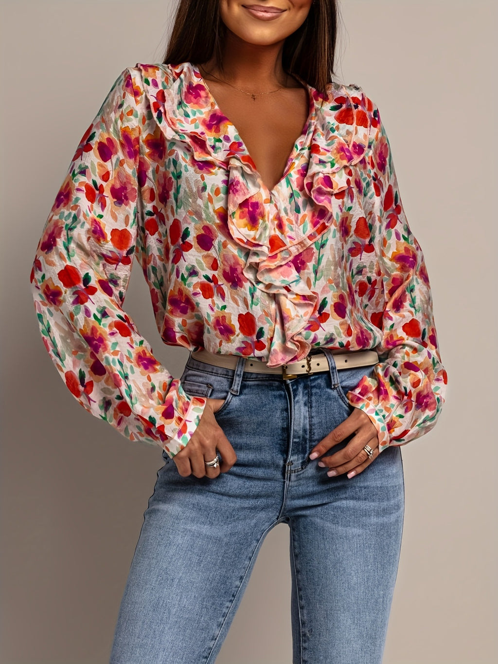 Painted Floral Ruffle V-Neck Blouse - Floral