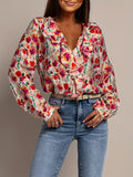Painted Floral Ruffle V-Neck Blouse - Floral