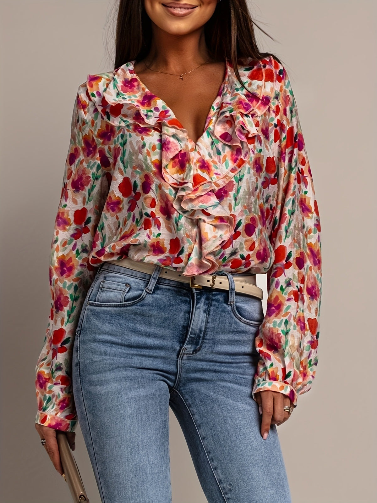 Painted Floral Ruffle V-Neck Blouse - Floral - 1