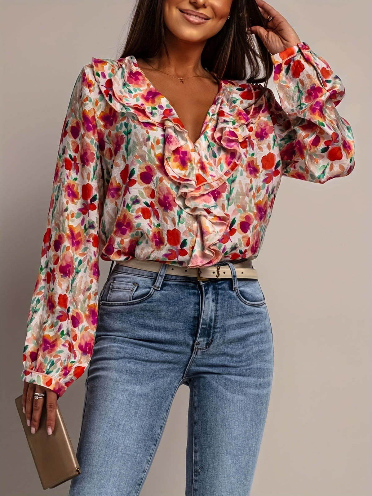 Painted Floral Ruffle V-Neck Blouse - Floral - 2