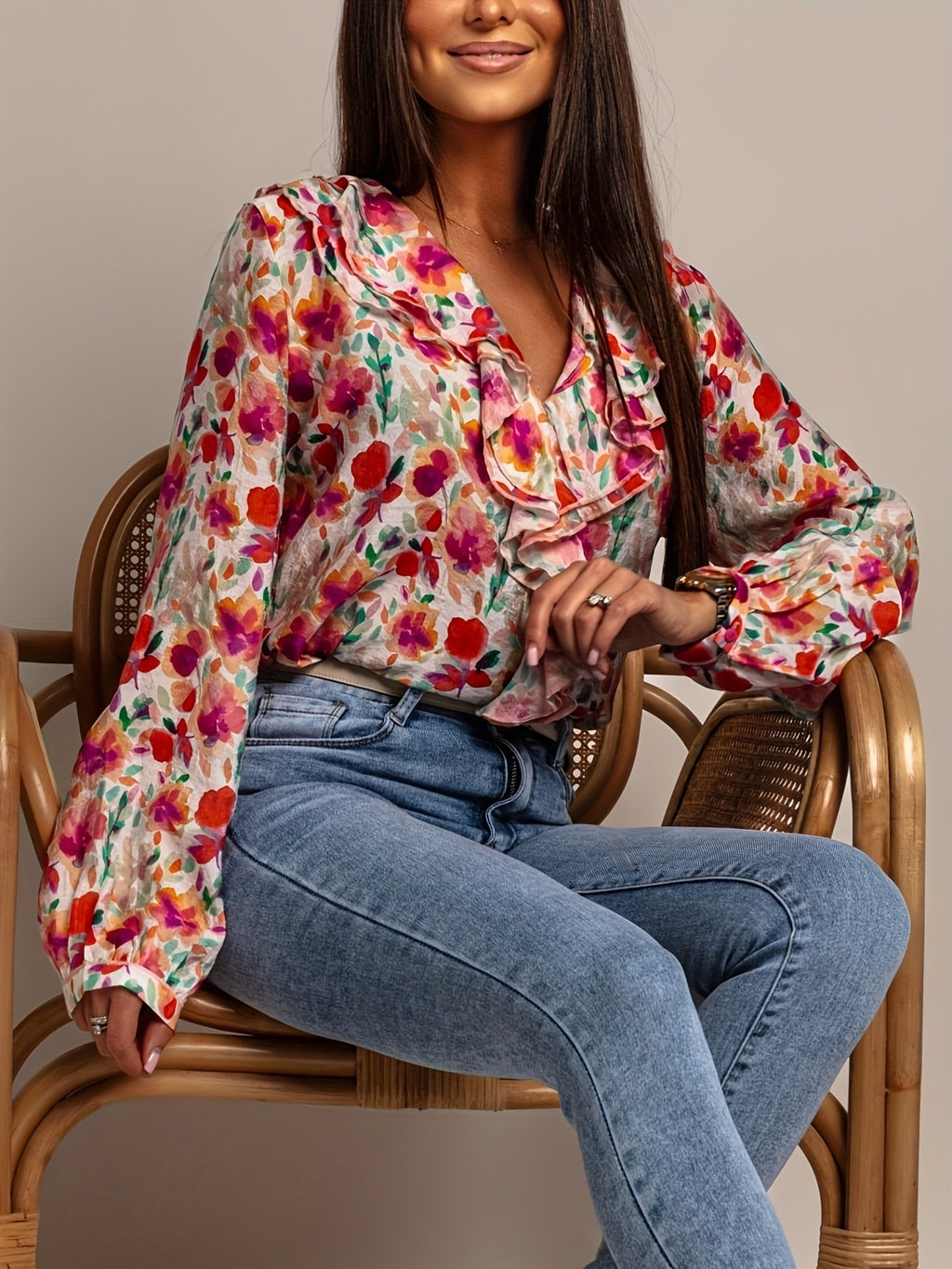 Painted Floral Ruffle V-Neck Blouse - Floral - 3