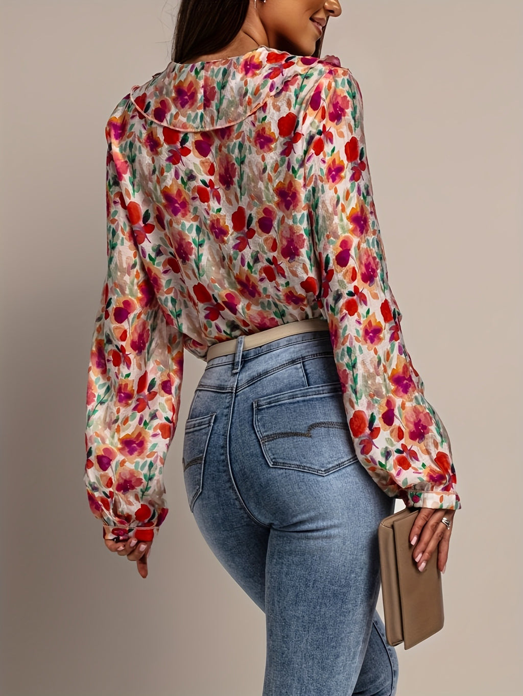 Painted Floral Ruffle V-Neck Blouse - Floral - 4
