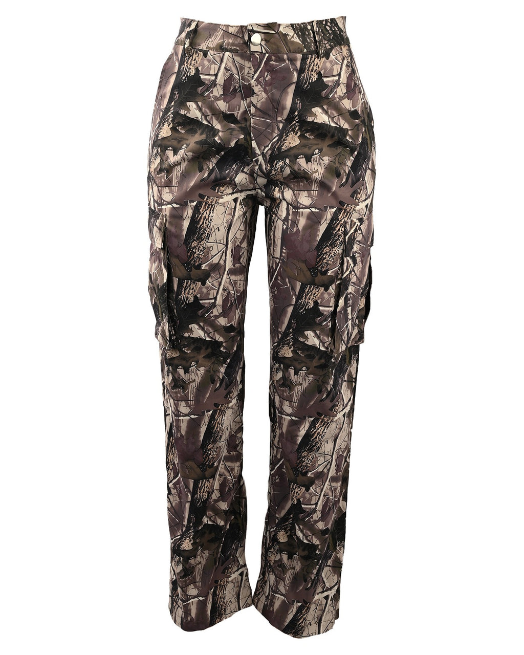 Forest Leaf Print Straight Cargo Pants - Camel