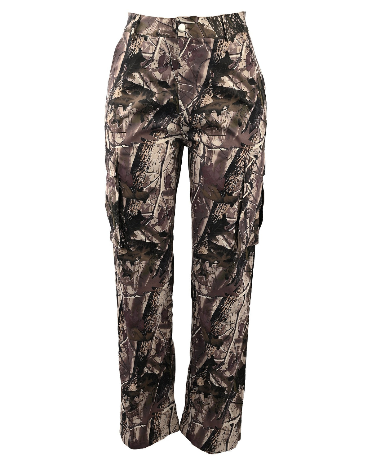 Forest Leaf Print Straight Cargo Pants - Camel