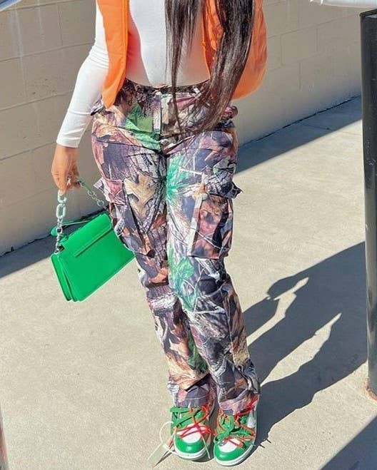 Forest Leaf Print Straight Cargo Pants