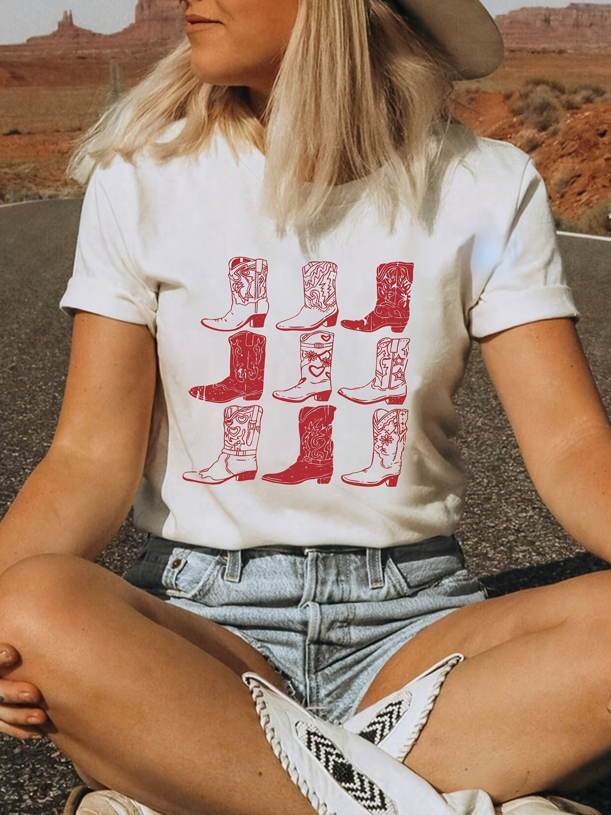 Western Cowboy Boot Graphic Cotton Tee - White