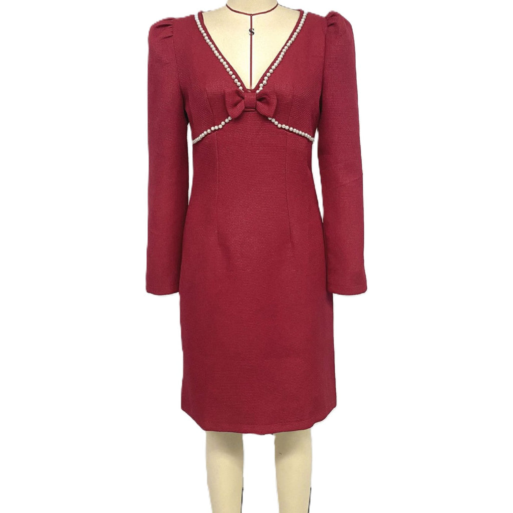Puff Sleeve Pearl Trimmed Midi Sheath Dress - Red