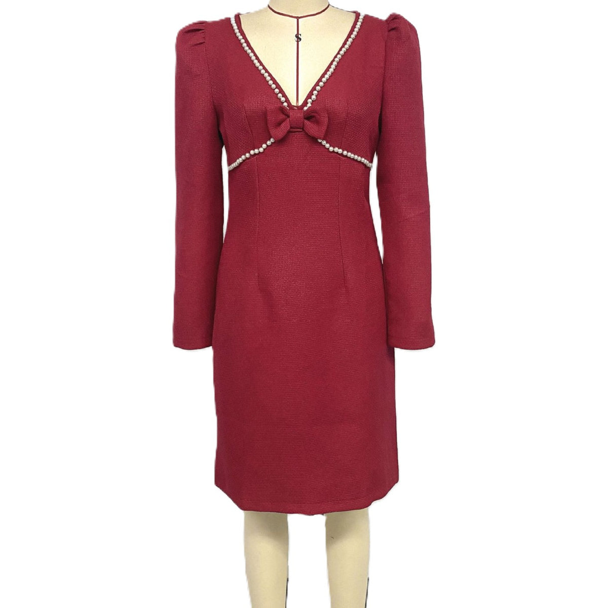 Puff Sleeve Pearl Trimmed Midi Sheath Dress - Red