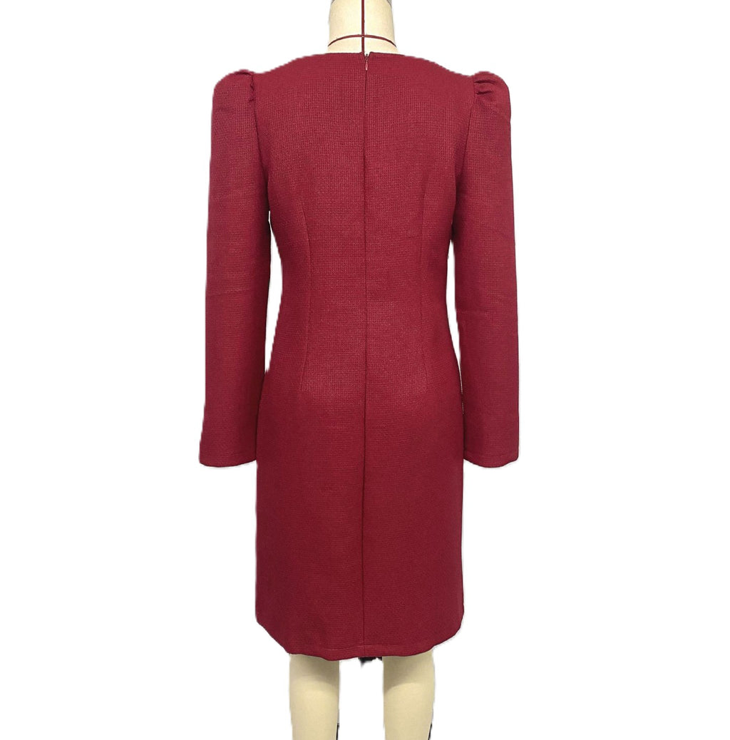 Puff Sleeve Pearl Trimmed Midi Sheath Dress - Red - 1