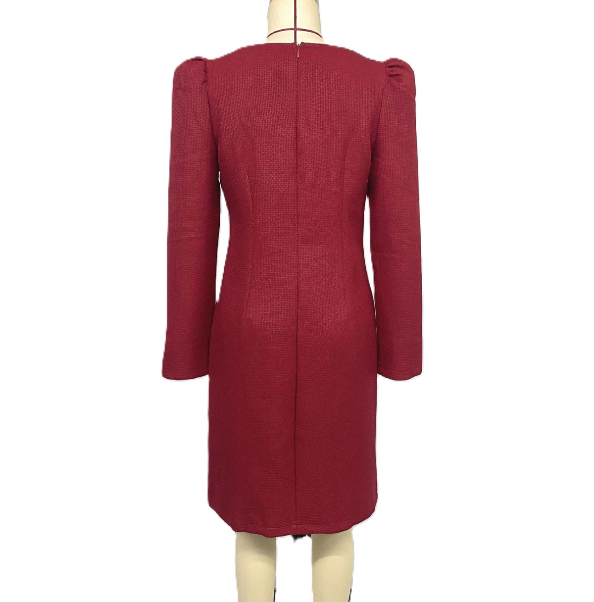 Puff Sleeve Pearl Trimmed Midi Sheath Dress - Red - 1
