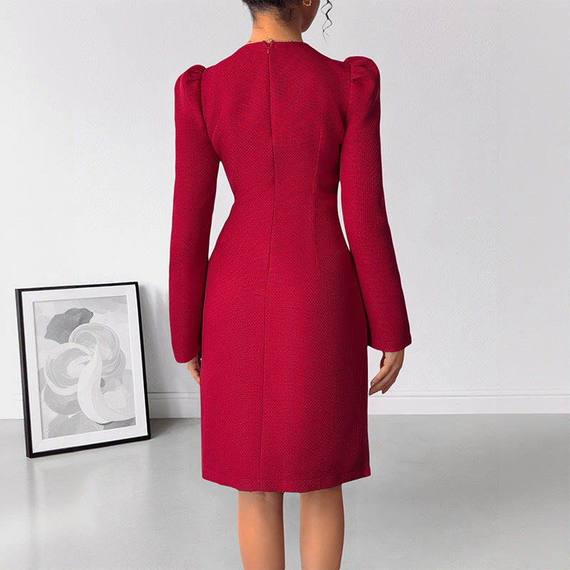 Puff Sleeve Pearl Trimmed Midi Sheath Dress - Red - 3