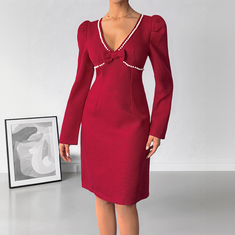 Puff Sleeve Pearl Trimmed Midi Sheath Dress - Red - 4