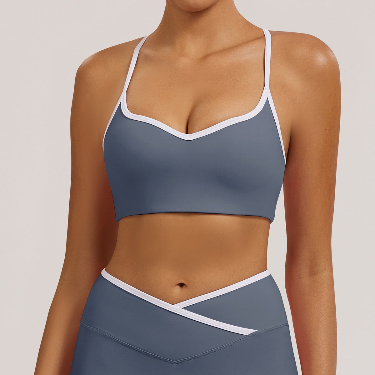 Quick-Dry Contrast Trim Strappy Back Yoga Sports Bra - Blue Gray