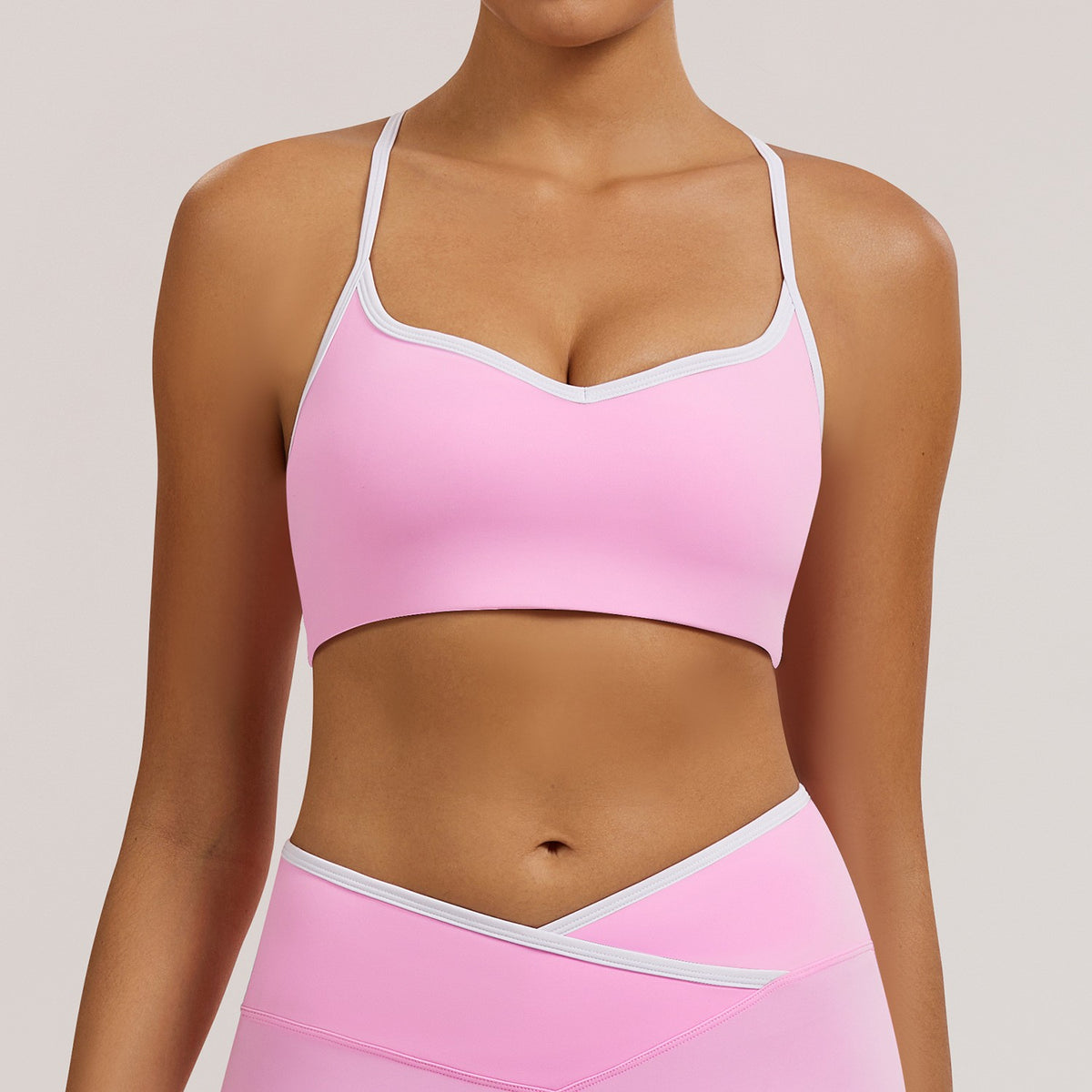Quick-Dry Contrast Trim Strappy Back Yoga Sports Bra - Sakura Pink