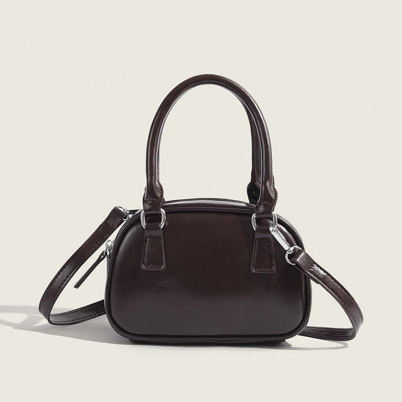 Glossy Mini Bowling Bag with Crossbody Strap - Brown
