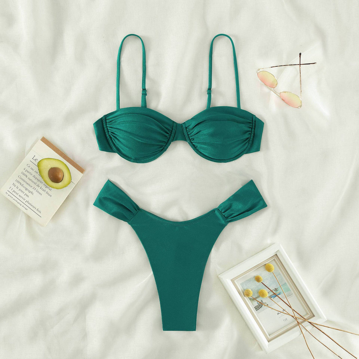 Shirred Cup Underwire Thong Bikini - Green - 1