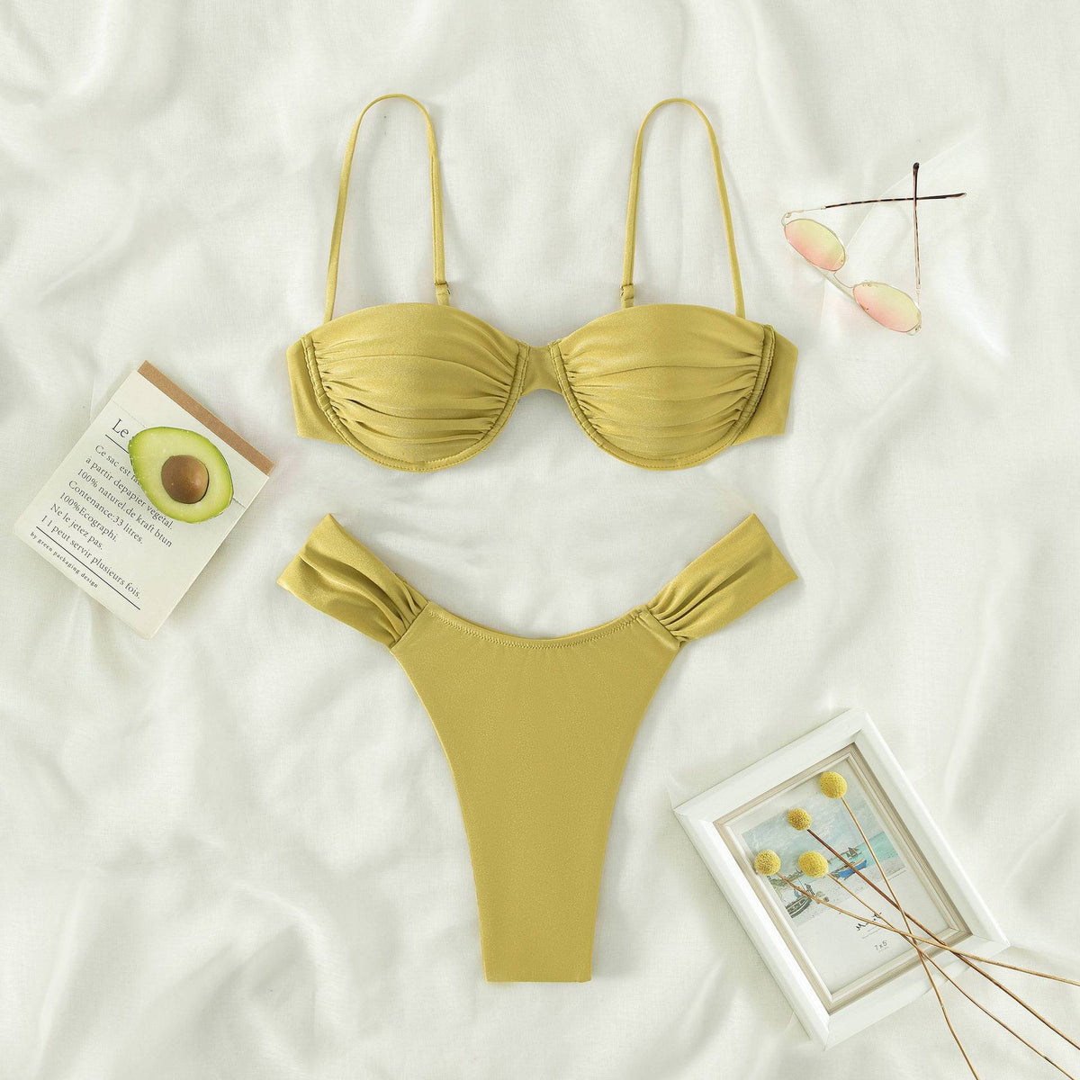 Shirred Cup Underwire Thong Bikini - Mustard - 1