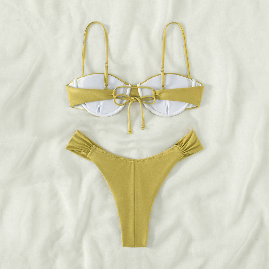 Shirred Cup Underwire Thong Bikini - Mustard - 2