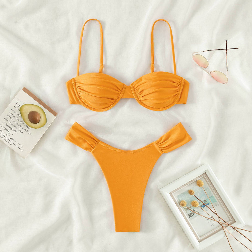 Shirred Cup Underwire Thong Bikini - Orange - 1