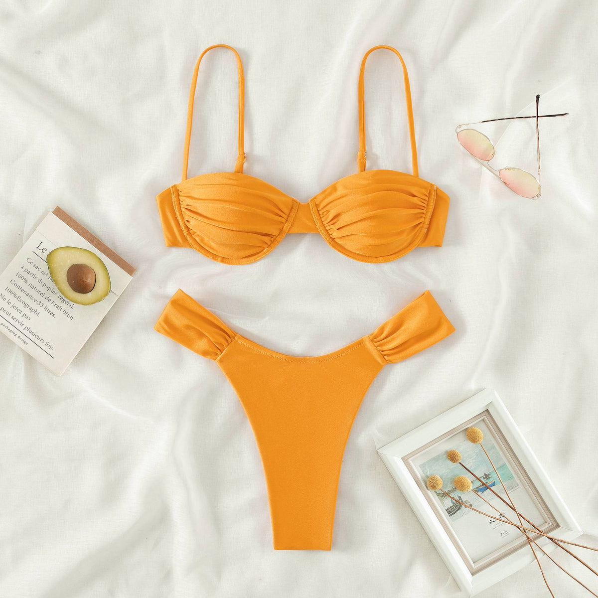 Shirred Cup Underwire Thong Bikini - Orange - 1