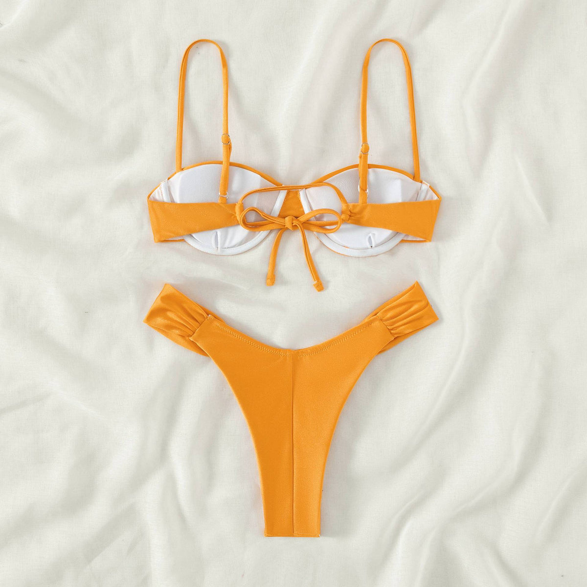 Shirred Cup Underwire Thong Bikini - Orange - 2