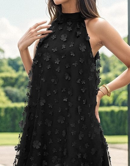 Halter Neck 3D Floral Applique Mini Dress - Black - 1