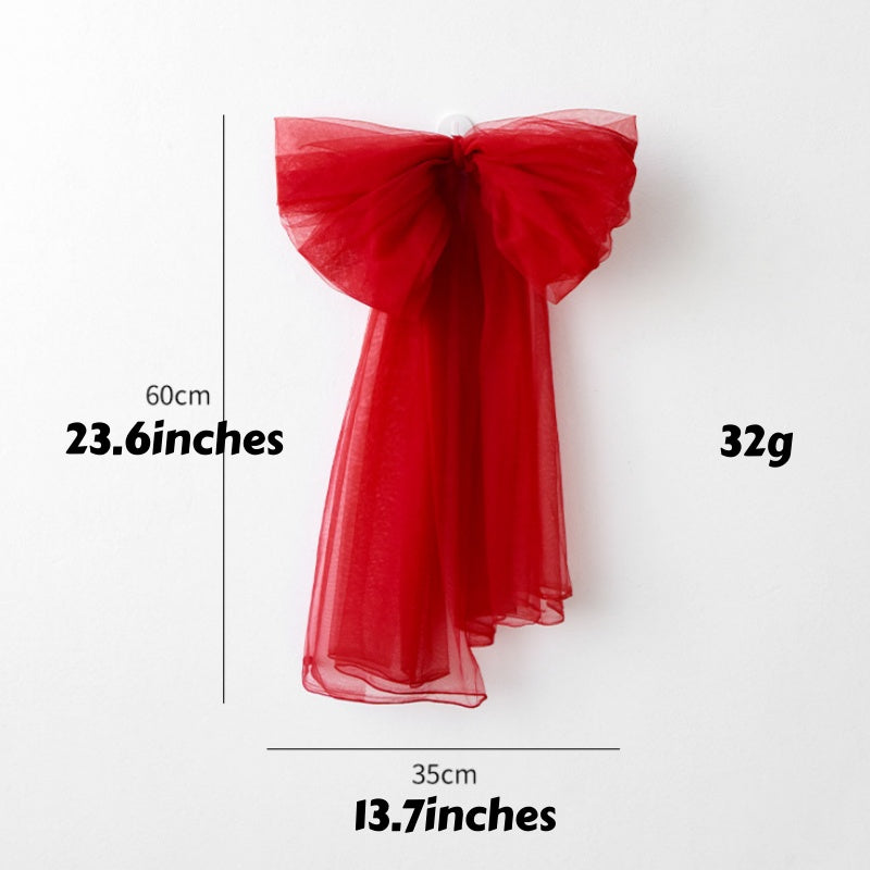 Large Tulle Bow Christmas Decor With Long Streamers - M_Burgundy