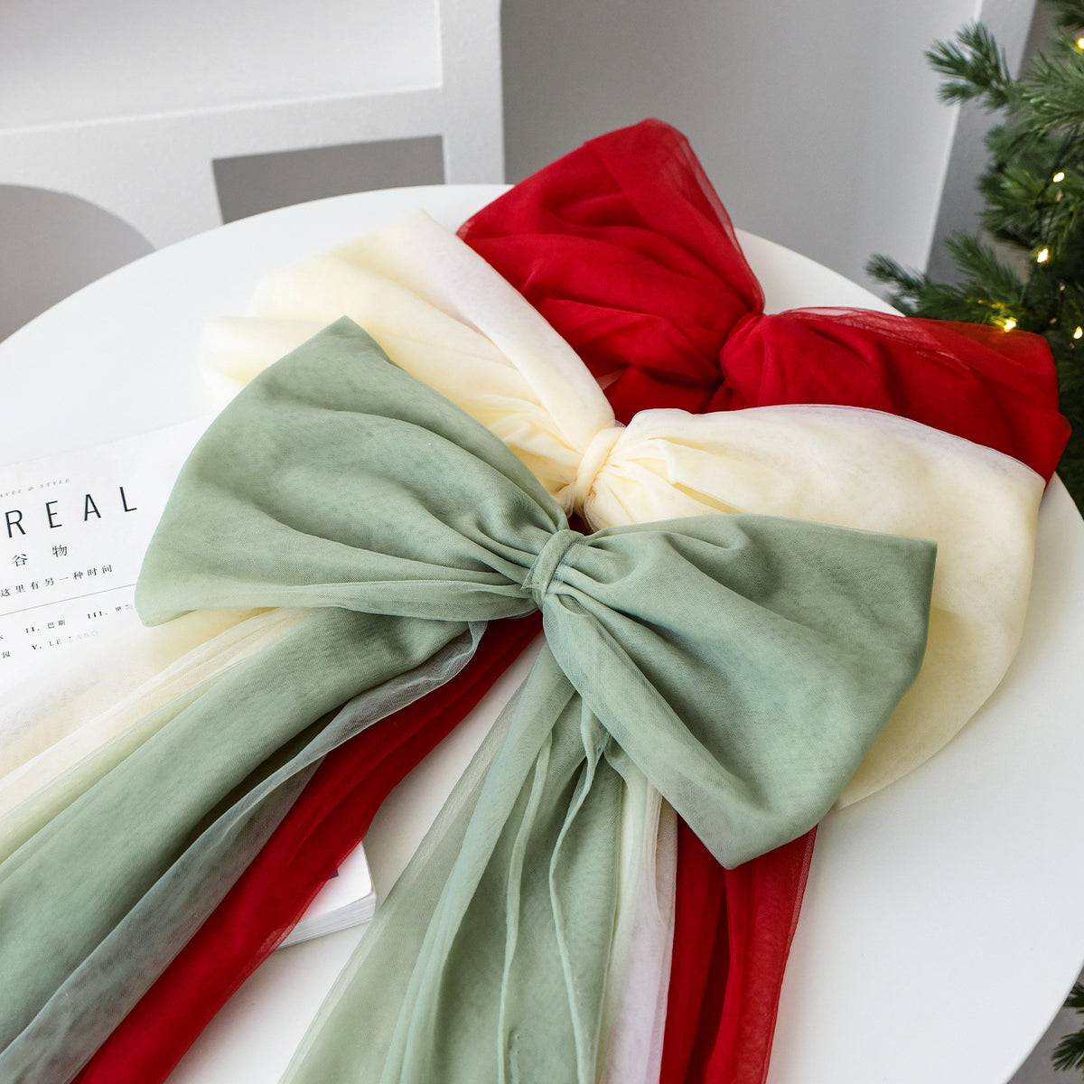 Large Tulle Bow Christmas Decor With Long Streamers - view 8