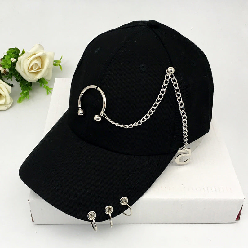 Chain and Ring Pierced Baseball Cap - Black