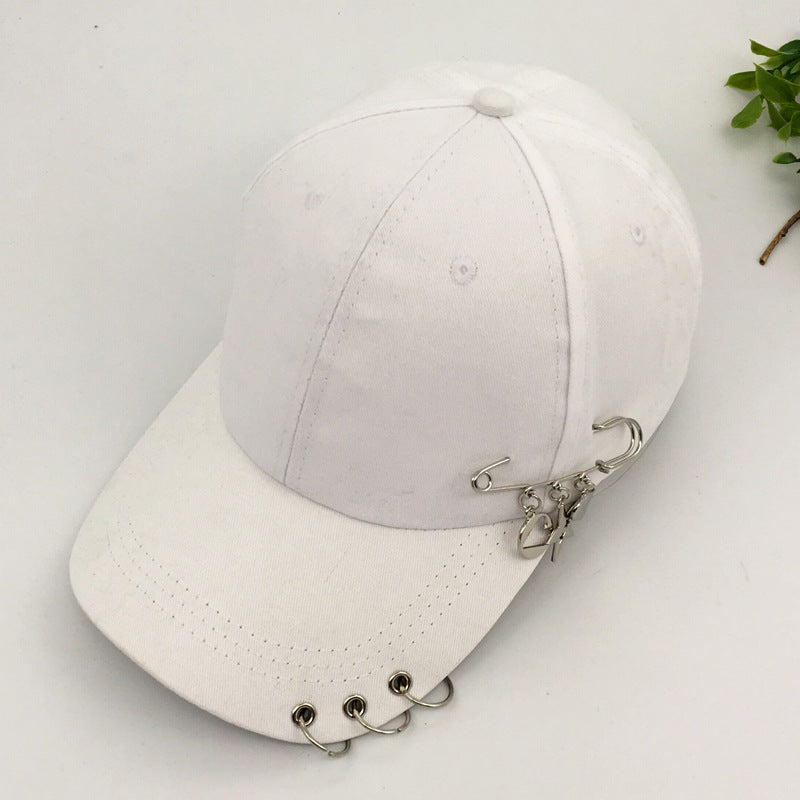 Chain and Ring Pierced Baseball Cap - Love_White